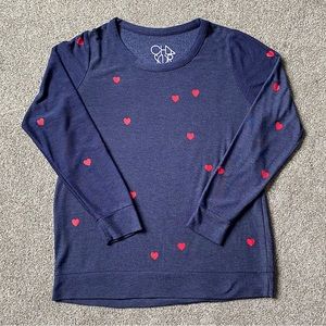 CHASER Crew Neck Heart Print Sweatshirt, Women’s Size XL, Navy Blue/Red
